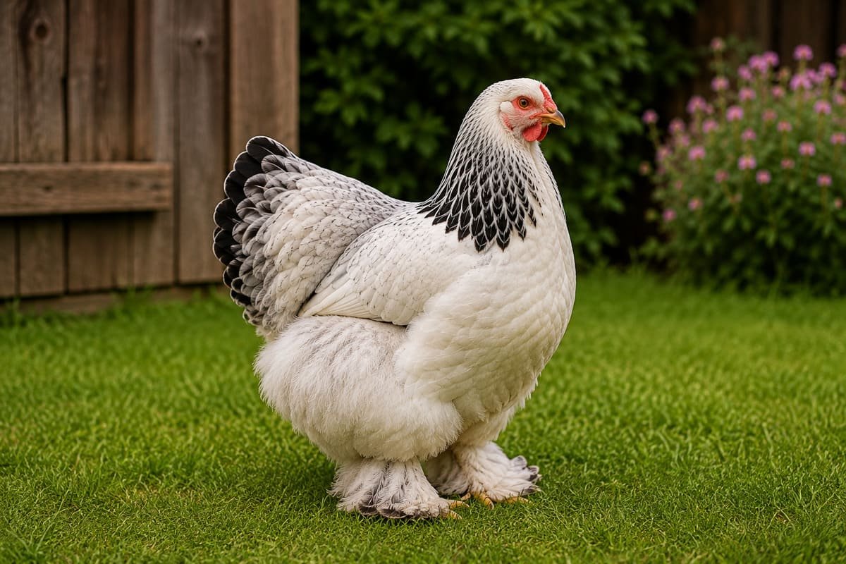 Gallina Brahma de plumaje moteado en el jardin