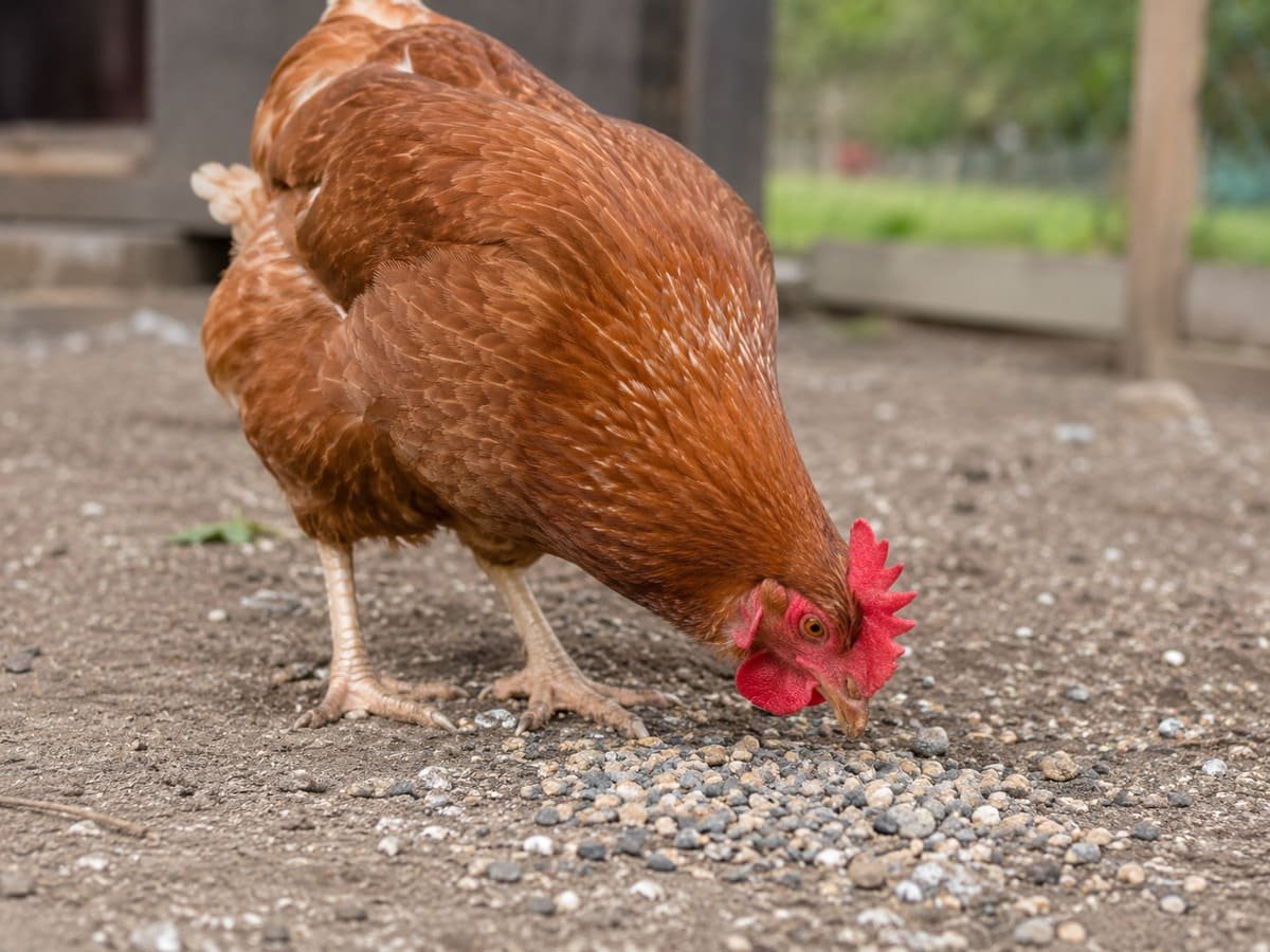 Gallina colorada comiendo grit y conchilla