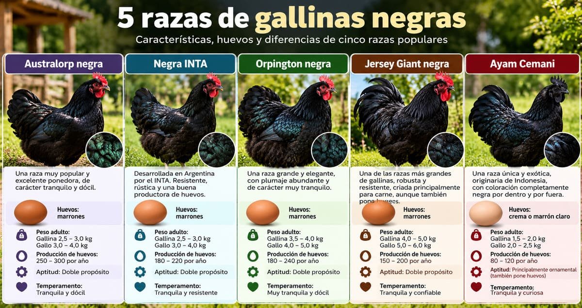 Infografía comparativa de cinco razas de gallinas negras