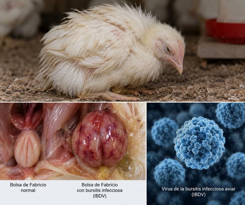 Gallina con bursitis infecciosa aviar y comparación de la bolsa de Fabricio afectada
