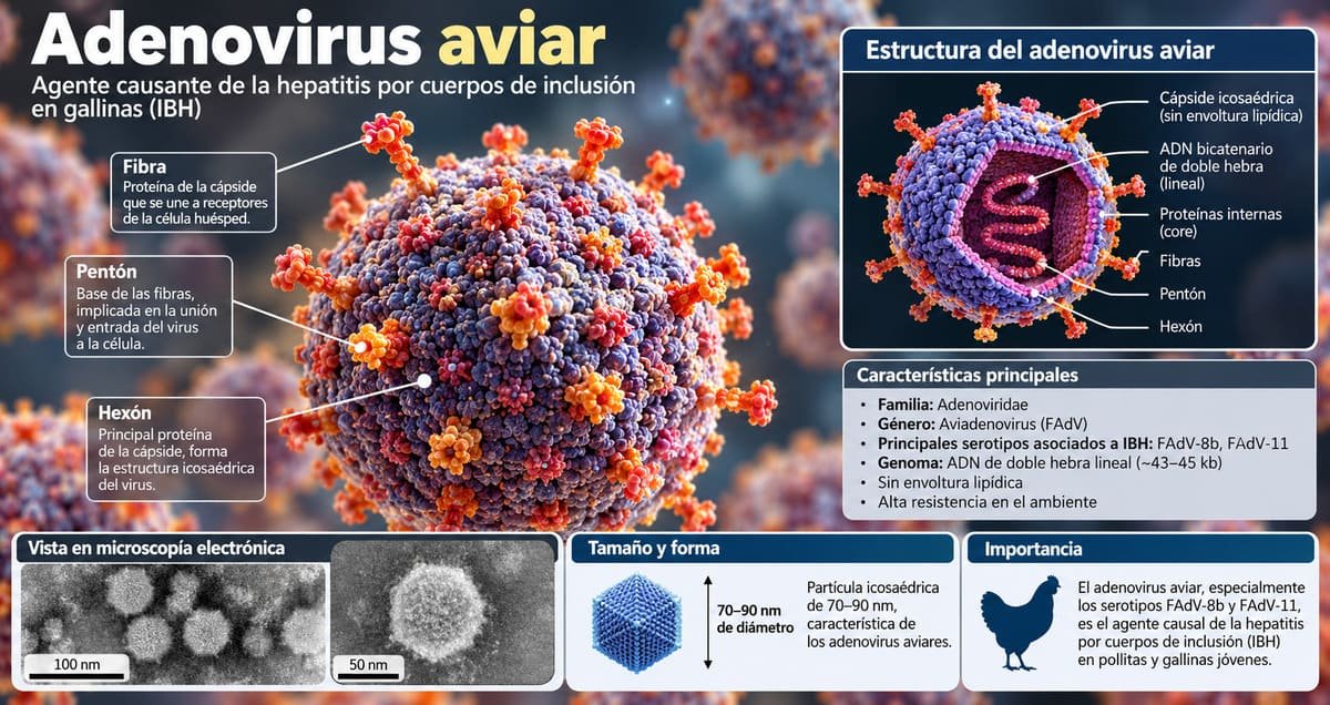 Infografía científica del adenovirus aviar asociado a la hepatitis por cuerpos de inclusión en gallinas
