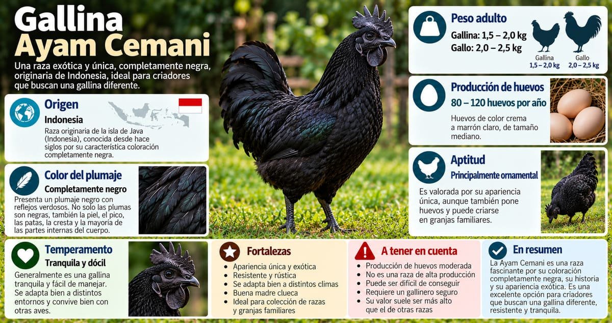 Infografía de la gallina Ayam Cemani con características de la raza