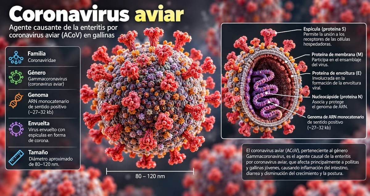 Infografía científica del coronavirus aviar asociado a la enteritis en gallinas