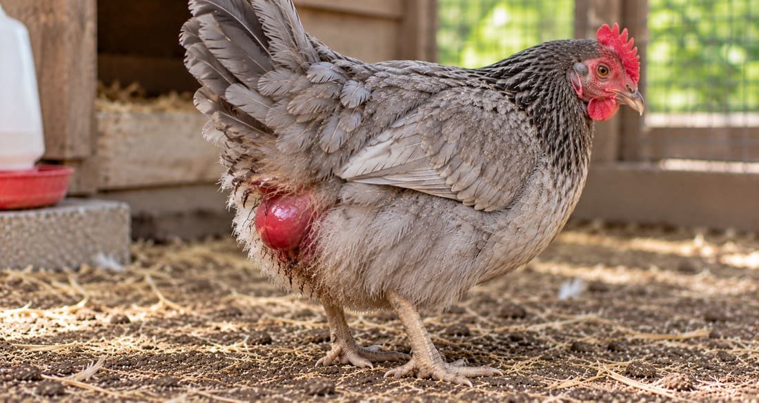 Gallina gris con cloaca hinchada por prolapso de cloaca