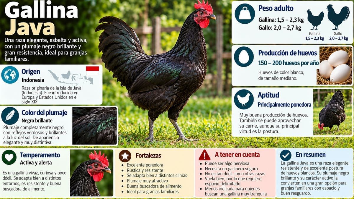 Infografía de la gallina Java con características de la raza