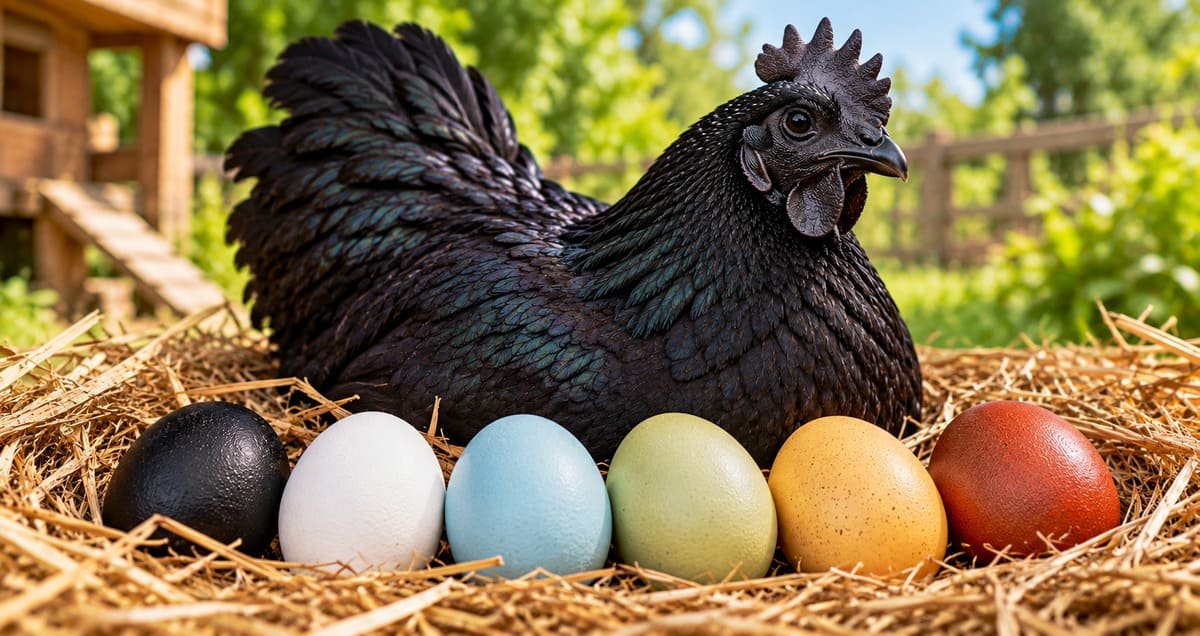 Gallina negra junto a huevos de diferentes colores