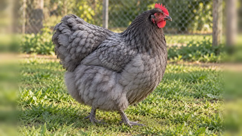Gallina Orpington azul de cuerpo entero en un patio con pasto