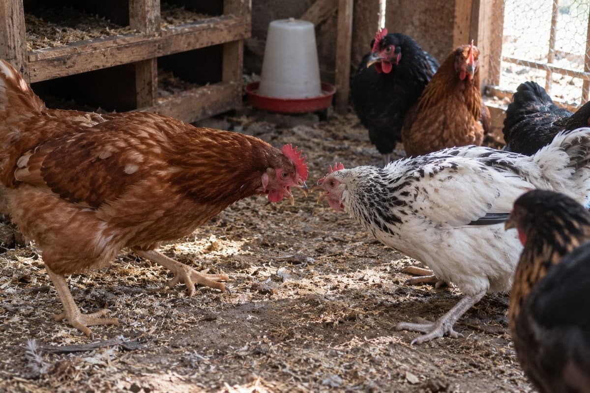 Gallinas nuevas y viejas enfrentándose dentro de un gallinero