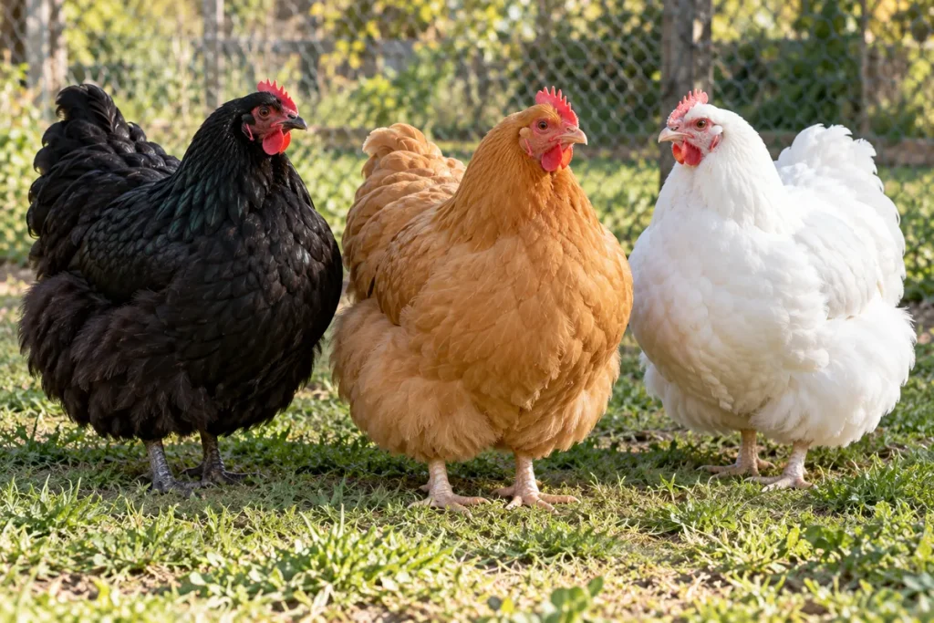Tres gallinas Orpington, negra, leonada y blanca, en un patio con pasto