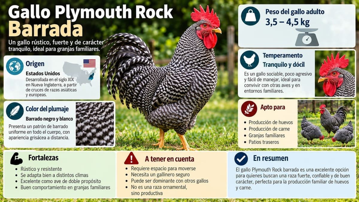 Infografía del gallo Plymouth Rock barrada con características de la raza