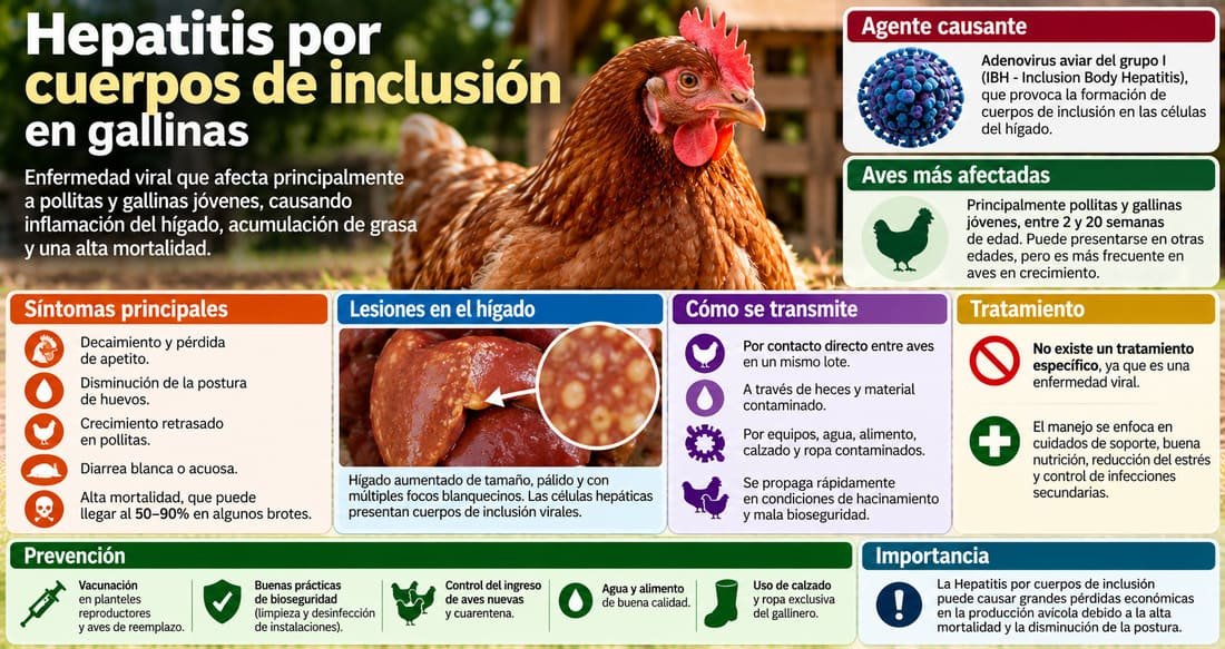 Infografía sobre hepatitis por cuerpos de inclusión en gallinas