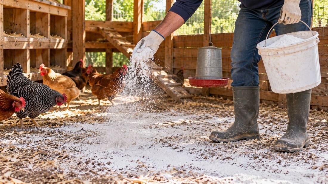 Persona esparciendo cal en el suelo de un gallinero