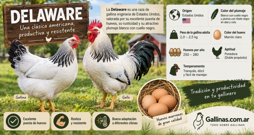 Infografía de la raza de gallinas Delaware con características, origen, plumaje, peso, producción de huevos, aptitud y temperamento