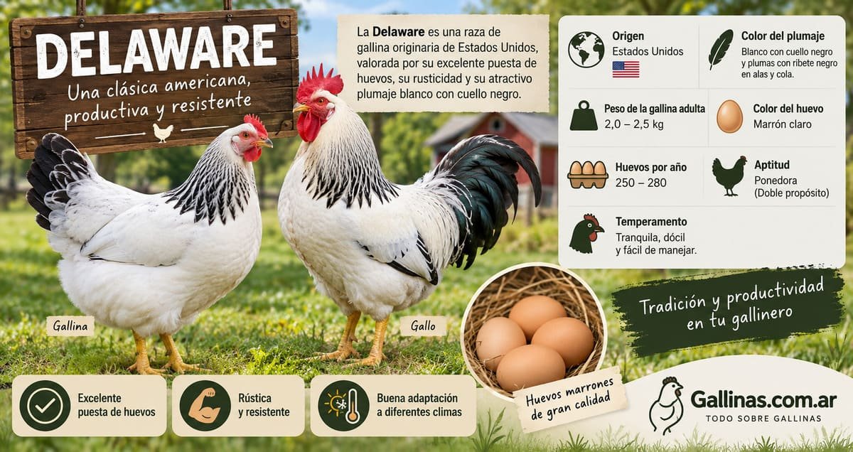 Infografía de la raza de gallinas Delaware con características, origen, plumaje, peso, producción de huevos, aptitud y temperamento