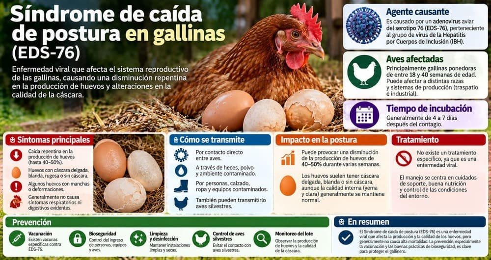 Infografía sobre el síndrome de caída de postura EDS-76 en gallinas