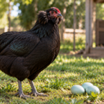 Gallina Araucana negra sin cola, con plumas a los costados de la cara, parada sobre el pasto junto a tres huevos celestes