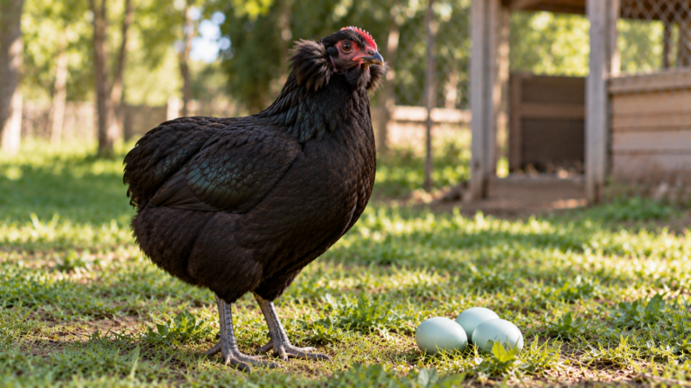 Gallina Araucana negra sin cola, con plumas a los costados de la cara, parada sobre el pasto junto a tres huevos celestes