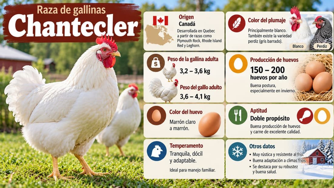 Infografía de la raza de gallinas Chantecler con sus principales características
