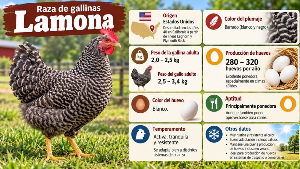 Infografía de la raza de gallinas Lamona con sus principales características