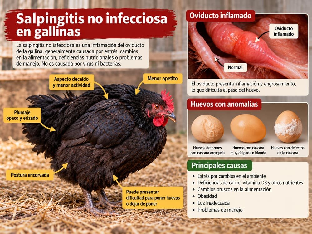 Infografía sobre salpingitis no infecciosa en gallinas y sus principales signos