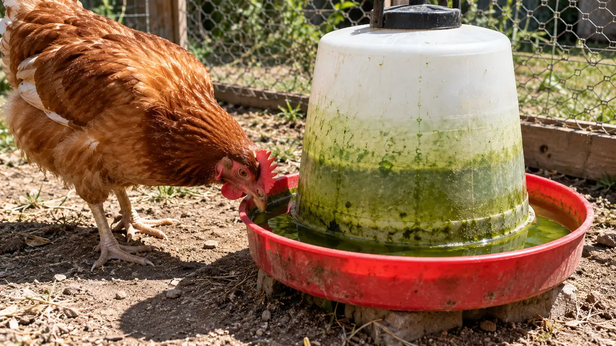 Gallina tomando agua de un bebedero de plástico con algas verdes al sol