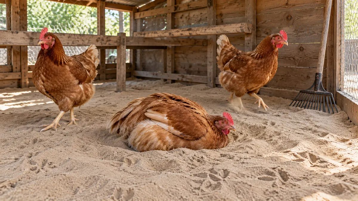 Tres gallinas sobre el piso de arena seca de un gallinero techado, una dándose un baño de polvo