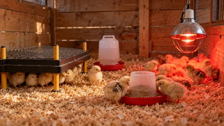 Pollitos recién nacidos en una criadora con una placa calefactora y una lámpara infrarroja roja