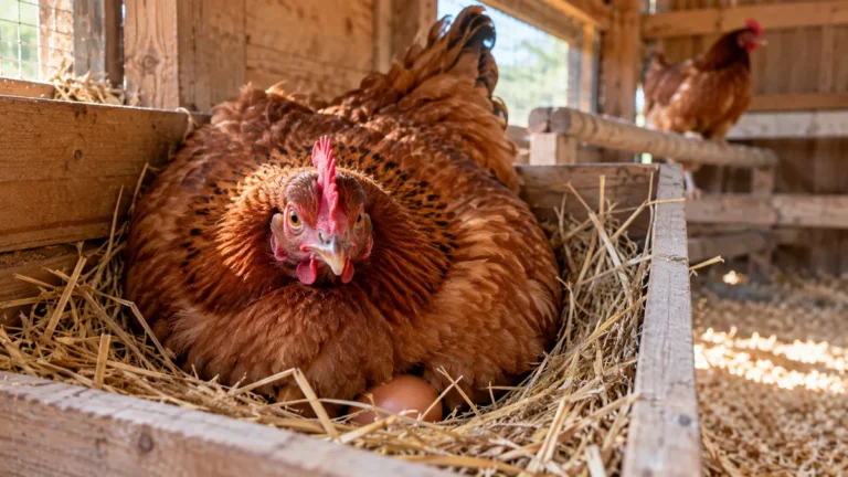 Gallina clueca marrón echada en un nido de paja, esponjada y con un huevo debajo
