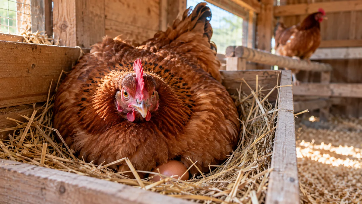 Gallina clueca marrón echada en un nido de paja, esponjada y con un huevo debajo