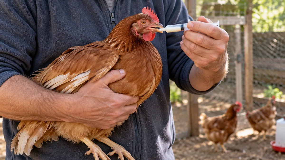 Persona dando antiparasitario por boca a una gallina con una jeringa sin aguja