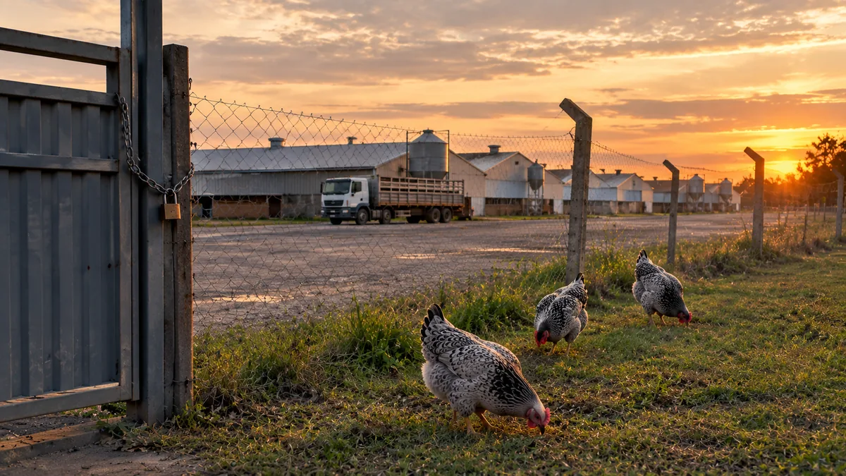 Planta avícola cerrada con portón y candado al atardecer, con gallinas grises picoteando junto al alambrado