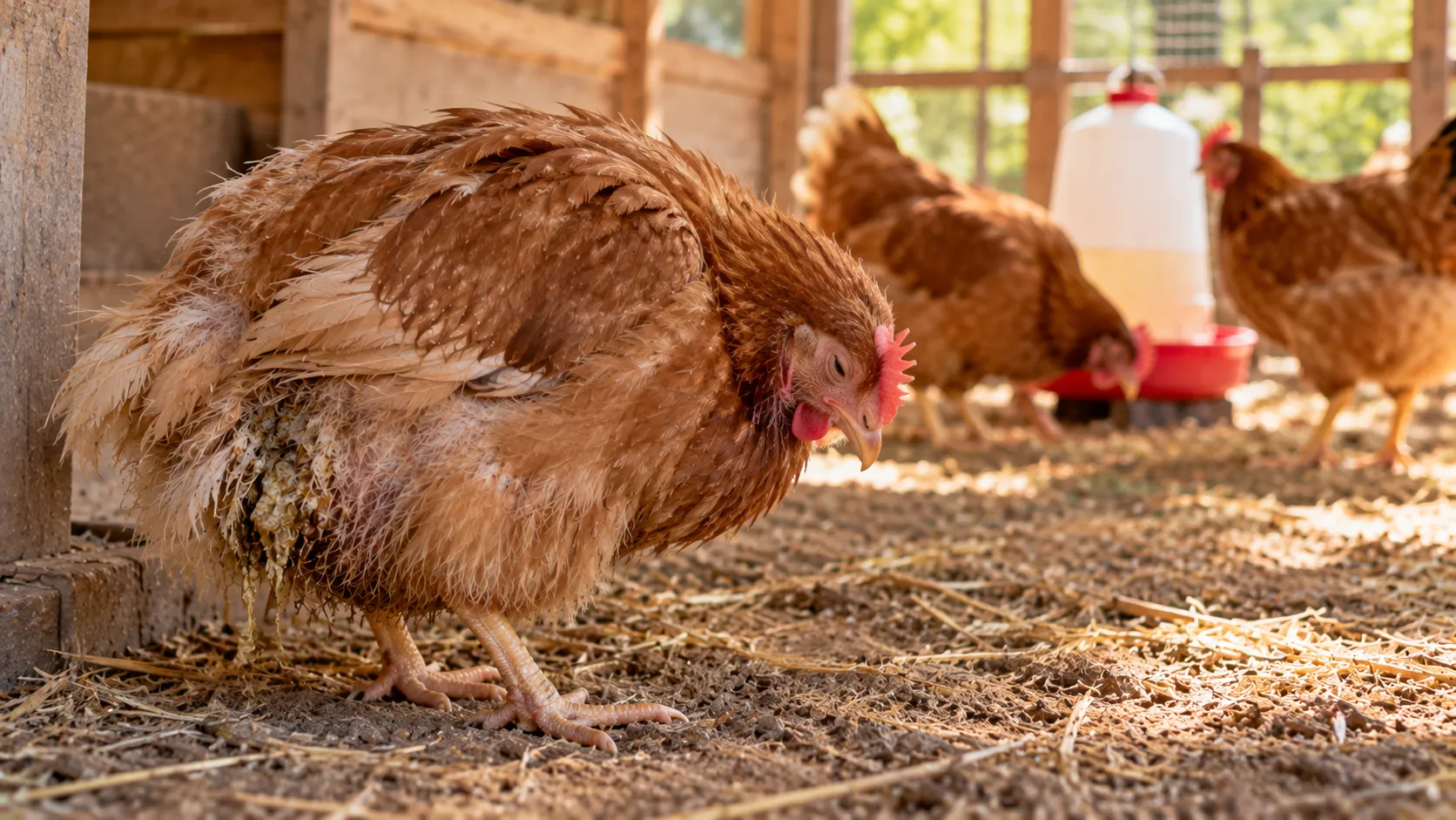 Una gallina con diarrea puede verse decaída, con las plumas erizadas y la cabeza baja, apartada del resto del grupo.