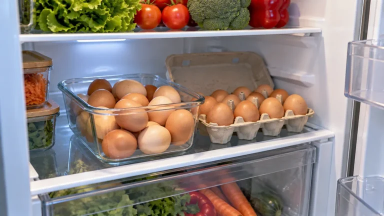 Huevos marrones en un recipiente de vidrio y en una huevera de cartón, en un estante del medio de la heladera