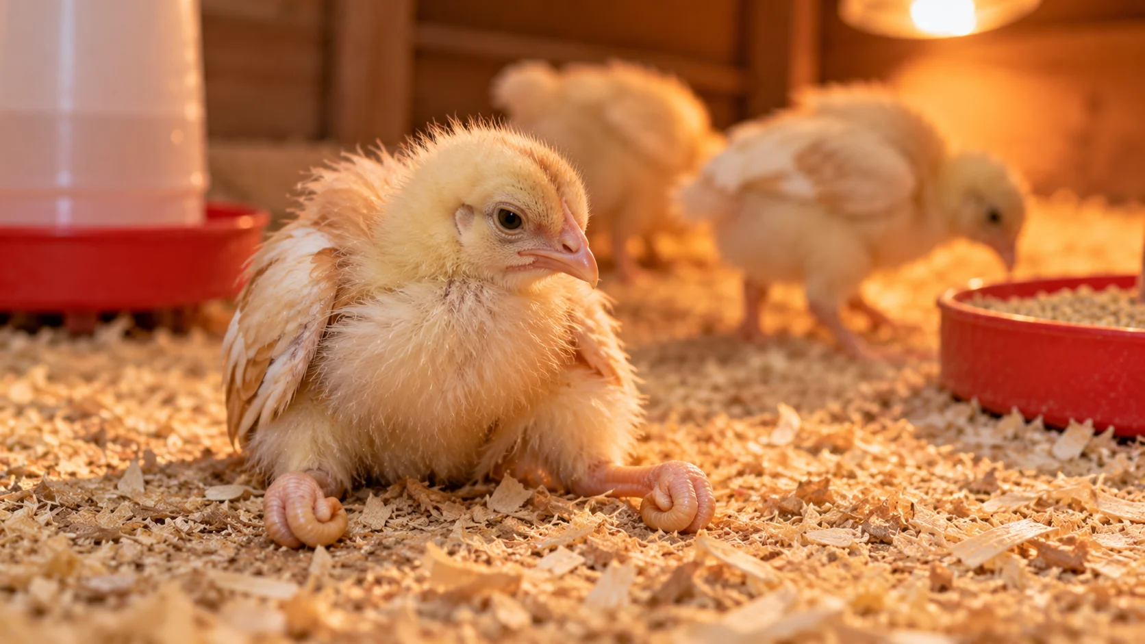 Pollito con los dedos de las patas curvados hacia adentro, un signo asociado a la falta de riboflavina