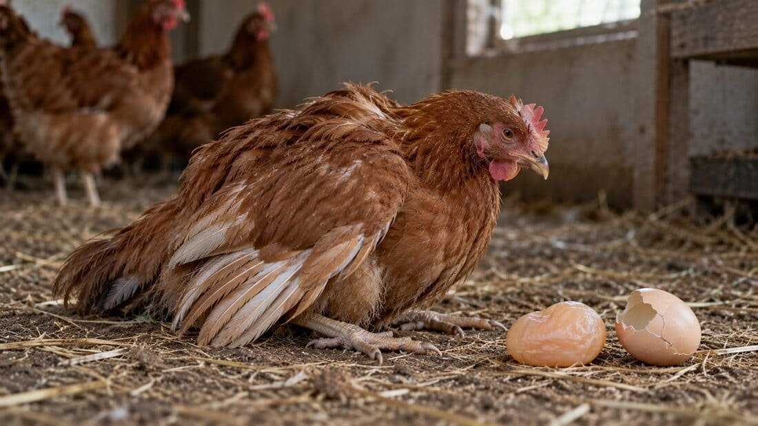 Gallina con deficiencia de vitamina D3: patas débiles, agachada y con huevos de cáscara blanda