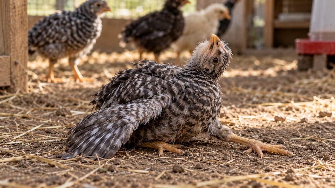 Pollita con deficiencia de vitamina E: cuello torcido hacia atrás y pérdida de equilibrio