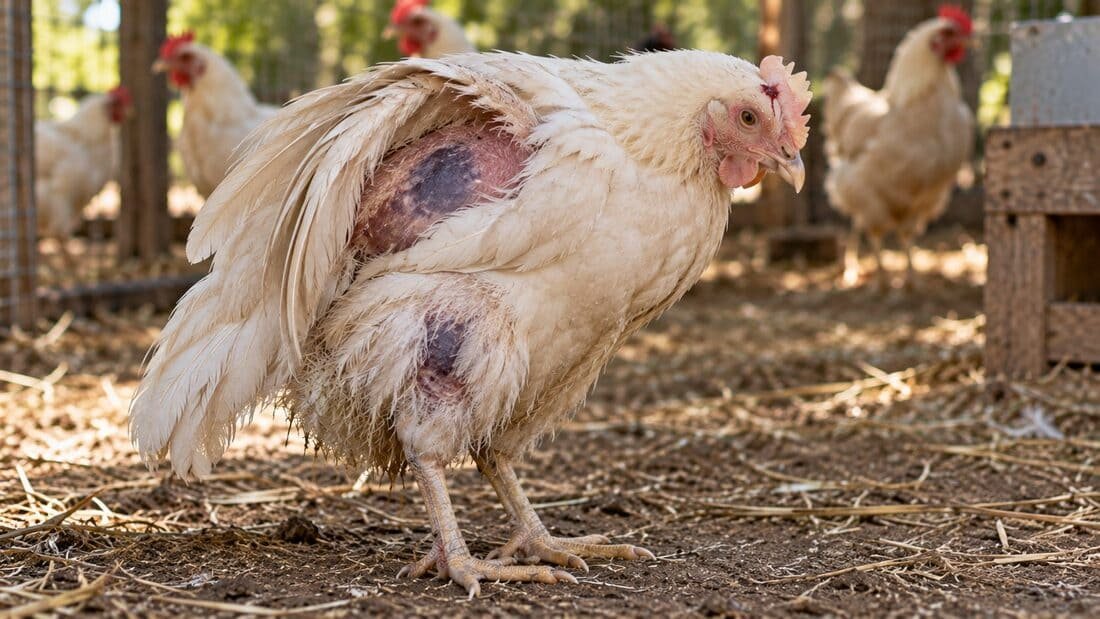 Gallina con deficiencia de vitamina K: moretones violáceos bajo el ala y en el muslo, y cresta pálida