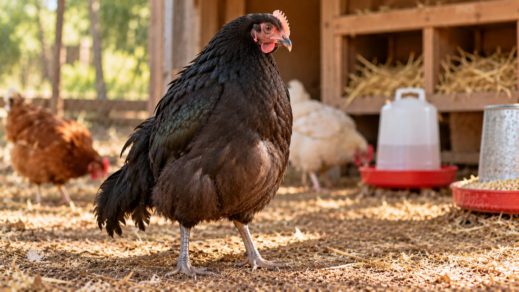 Gallina de pie, erguida y con el cuerpo redondeado, una postura que puede verse cuando hay un huevo atascado