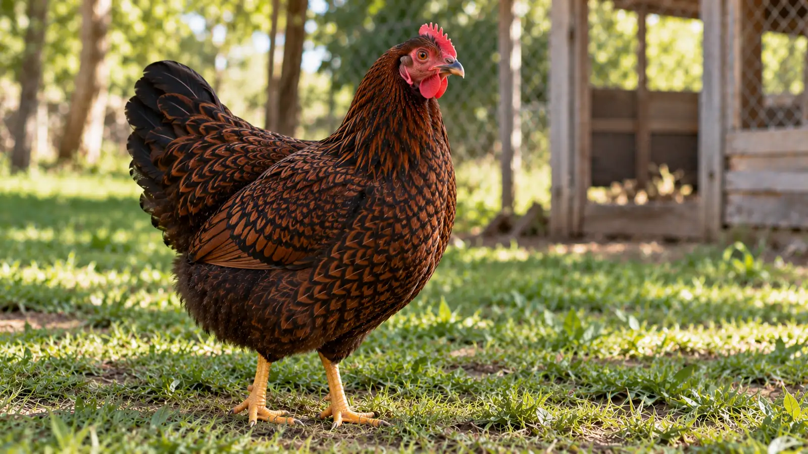 Gallina Barnevelder de plumaje castaño con ribetes negros, cresta roja chica y patas amarillas, sobre el pasto junto a un gallinero de madera