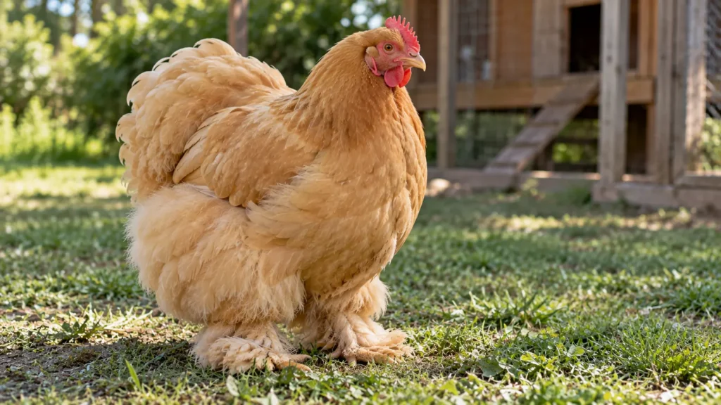 Gallina Cochin leonada de plumaje esponjoso y patas emplumadas sobre el pasto, con un gallinero de madera al fondo