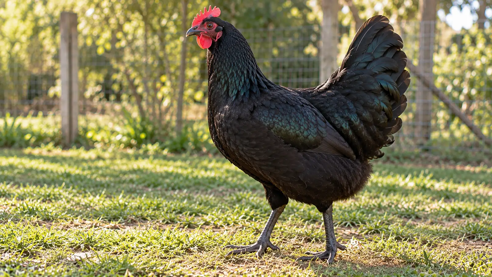 Gallina Langshan negra de porte alto y patas largas, con brillo verde en el plumaje, sobre el pasto junto a un cerco de alambre