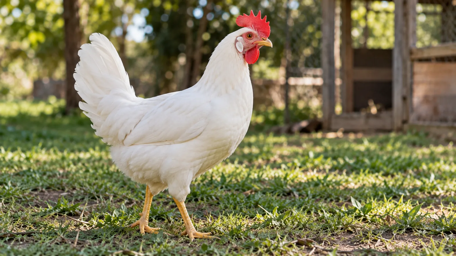 Gallina Leghorn blanca de cuerpo esbelto, cresta roja grande y patas amarillas, caminando sobre el pasto frente a un gallinero de madera