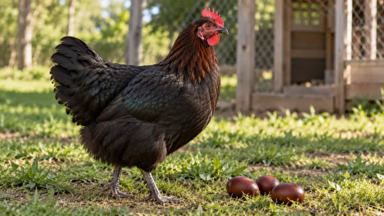 Gallina Marans negra cobriza con plumas color cobre en el cuello, parada sobre el pasto junto a tres huevos marrón chocolate