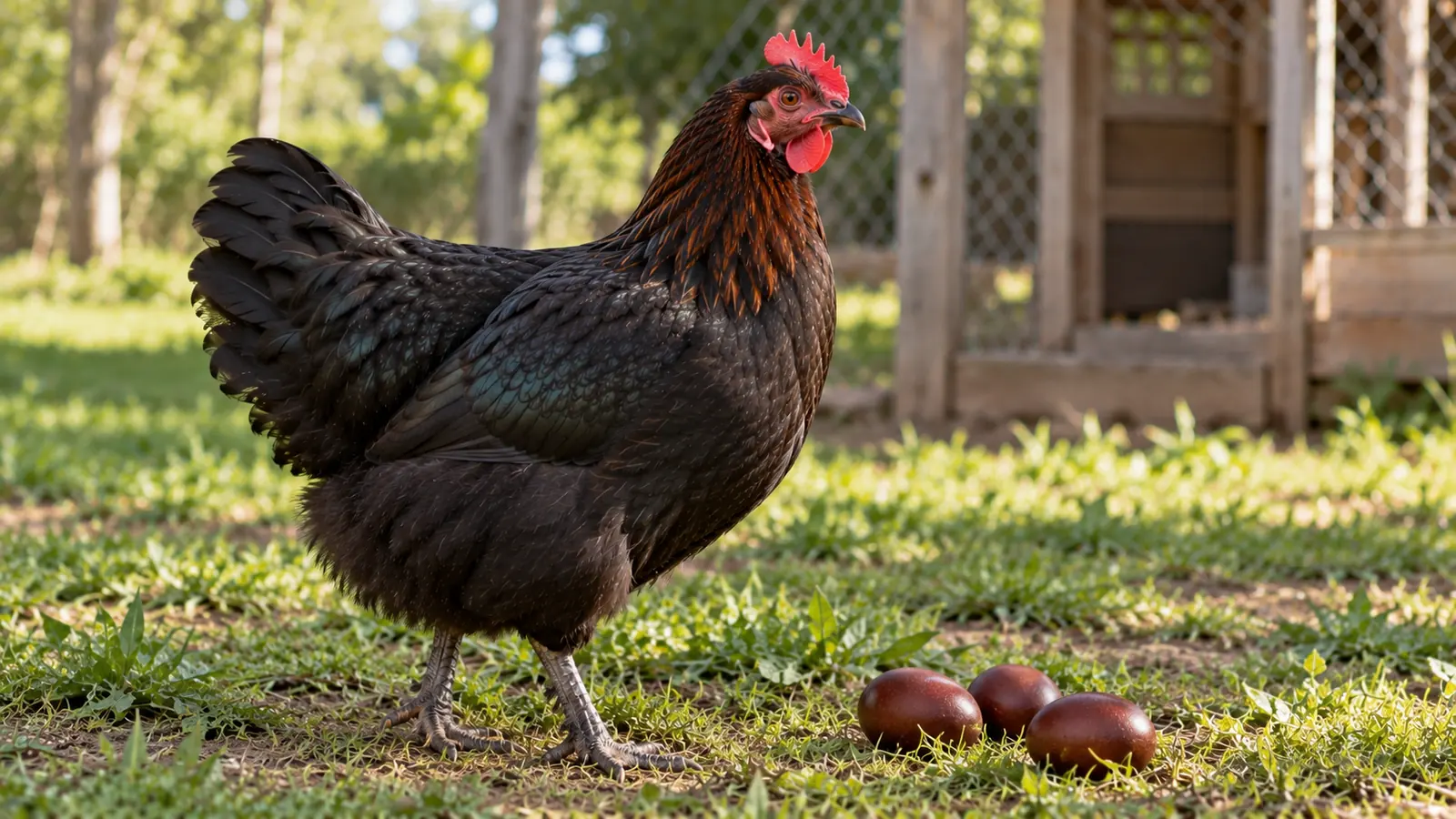 Gallina Marans negra cobriza con plumas color cobre en el cuello, parada sobre el pasto junto a tres huevos marrón chocolate