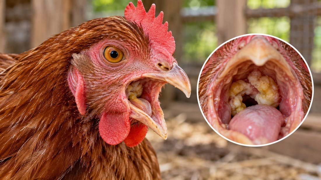 Gallina con lesiones y placas amarillentas en la boca compatibles con tricomoniasis