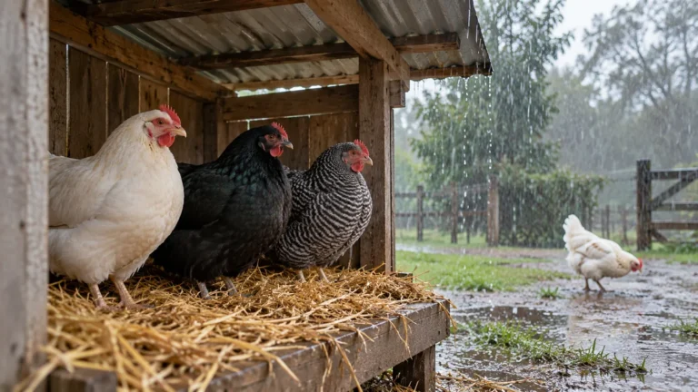 Tres gallinas, blanca, negra y barrada, secas bajo el techo de un gallinero mientras llueve, y una gallina blanca afuera en el barro