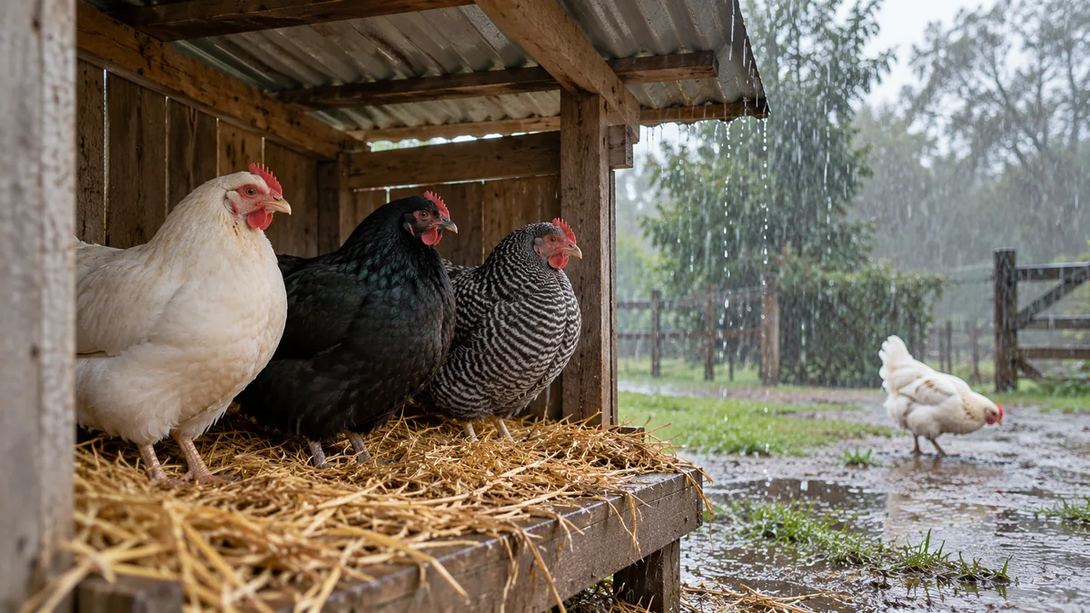Tres gallinas, blanca, negra y barrada, secas bajo el techo de un gallinero mientras llueve, y una gallina blanca afuera en el barro