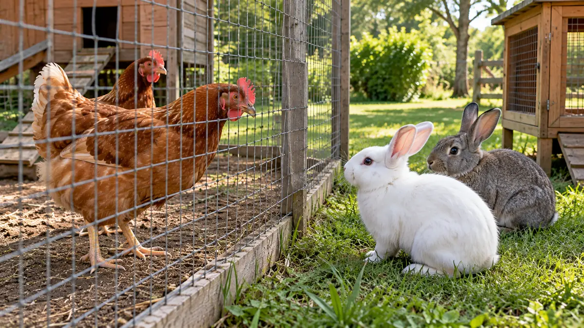 Dos gallinas marrones y dos conejos separados por una malla de alambre en un patio con pasto