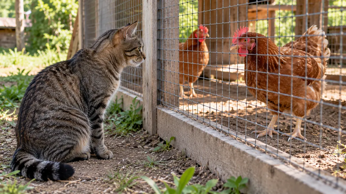 Gato atigrado sentado afuera de un gallinero mirando a dos gallinas a través de la malla metálica