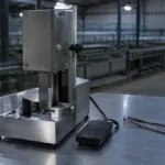 Máquina despicadora industrial de acero con pedal y pinzas metálicas sobre una mesa en un galpón avícola vacío